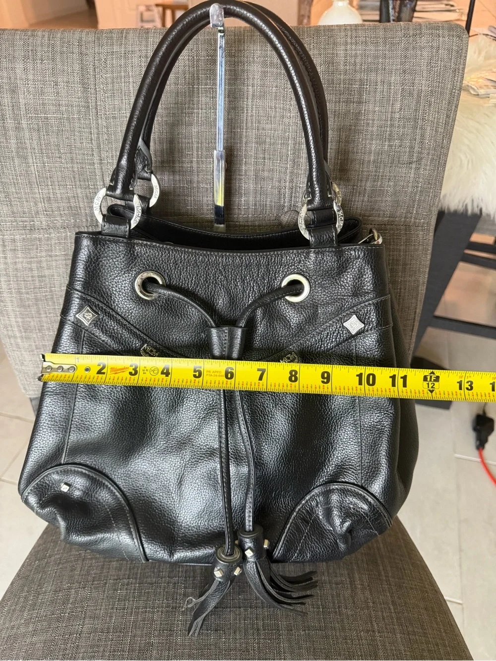 Mcm Black Leather Drawstring Tote Bag -